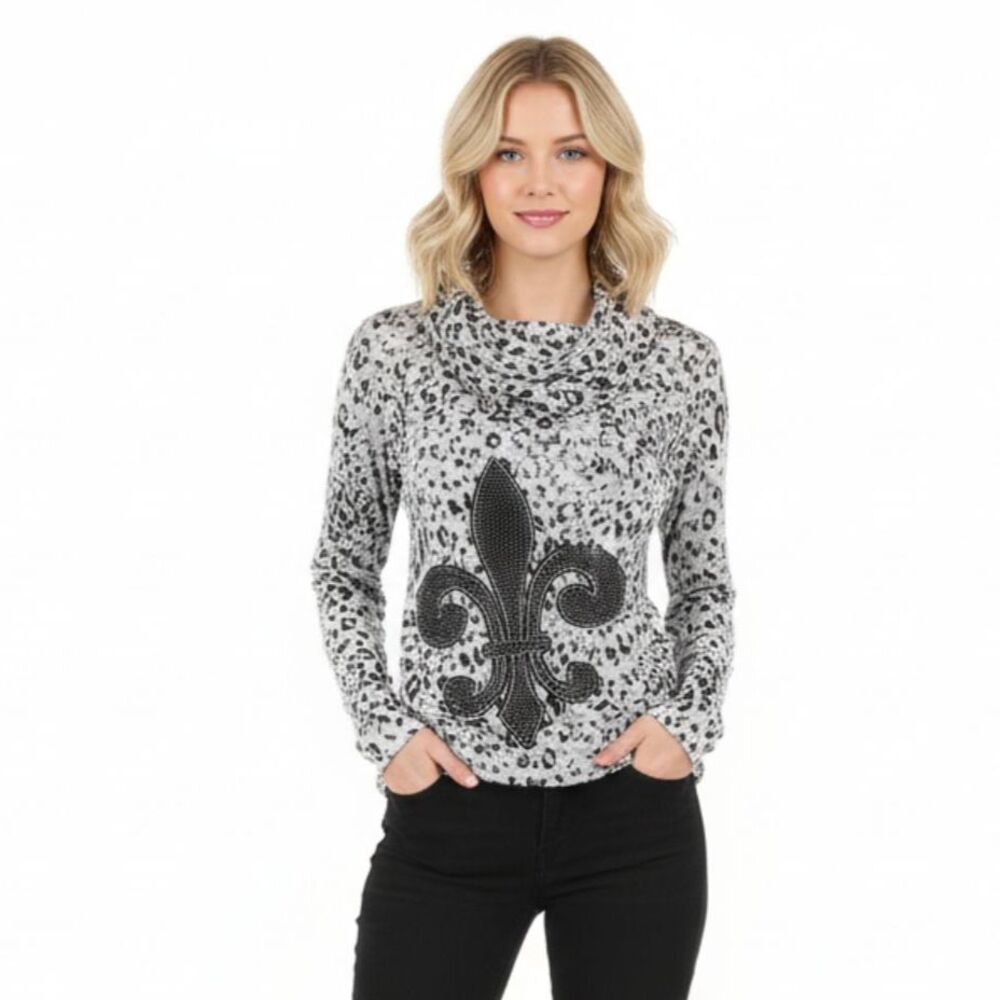 Rock & Roll Cowgirl Gray Black Fleur De Lis Embellished Long Sleeve Hoody Tee L